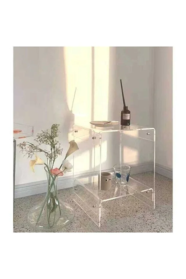 Çift Katlı Sehpa Akrilik Şeffaf Başucu sehpa